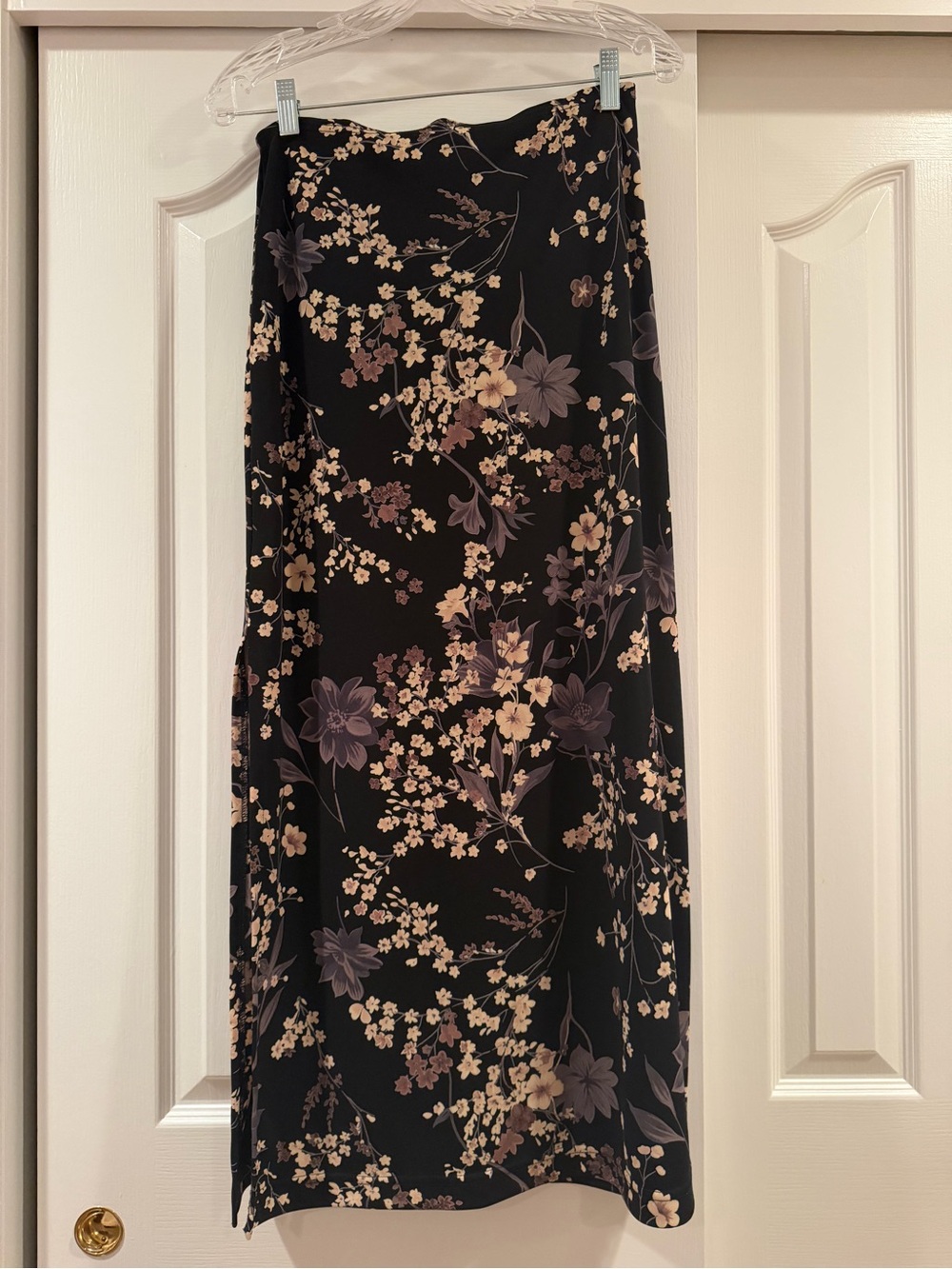 Women’s Black Floral Midi Skirt with Cream and Mauve Blossoms